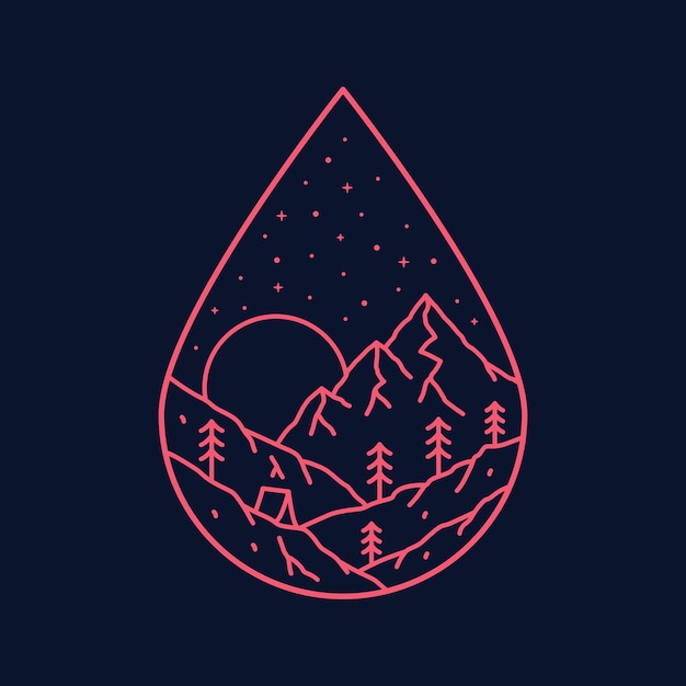 Design of camping nature. mountain. wildlife in mono line art, patch badge design, emblem design, T-Shirt Design