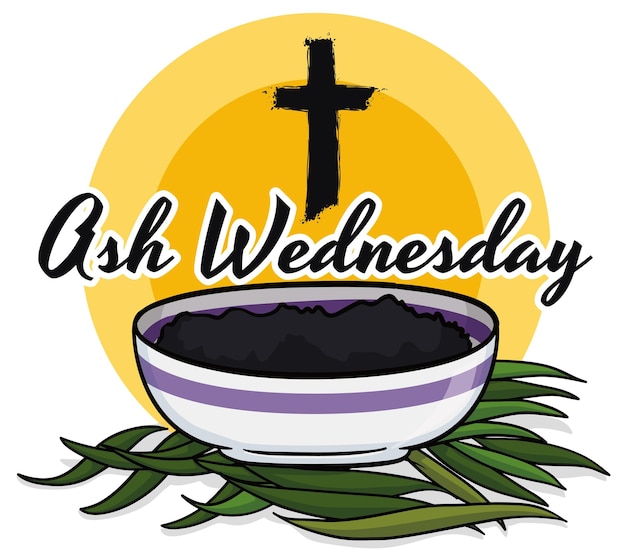 Design in cartoon style for ash wednesday with bowl filled with ashes from palm branches and cross