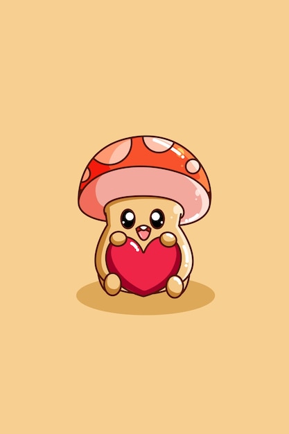 Design character of cute mushroom with heart