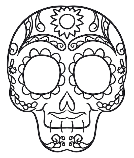 Design for coloring of Mexican skull for Day of the Dead flowers petals leaves vines and mustache