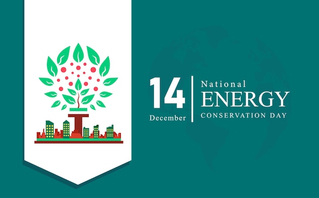 design commemorating national energy conservation day December 14 green trees and buildings