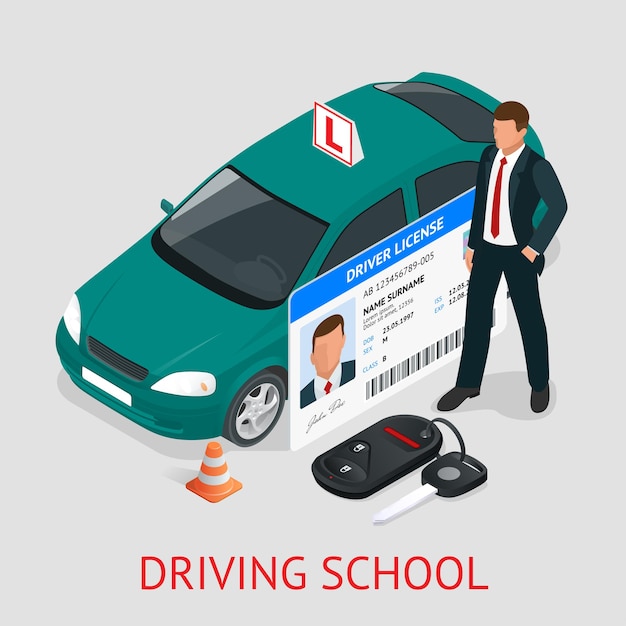 Design concept driving school or learning to drive. Flat isometric illustration.