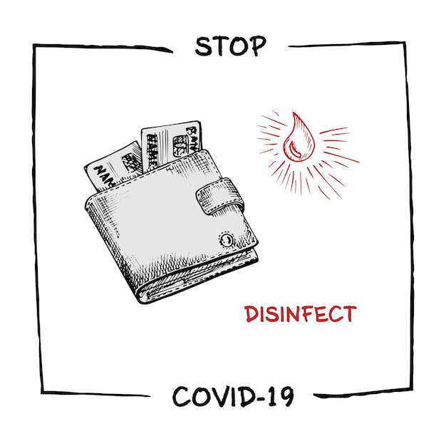 텍스트 Stop Covid19 Desinfect Sketch 스타일로 코로나바이러스 전염병에 대한 의료 사회 경제 및 금융 정보 동요 포스터의 디자인 컨셉