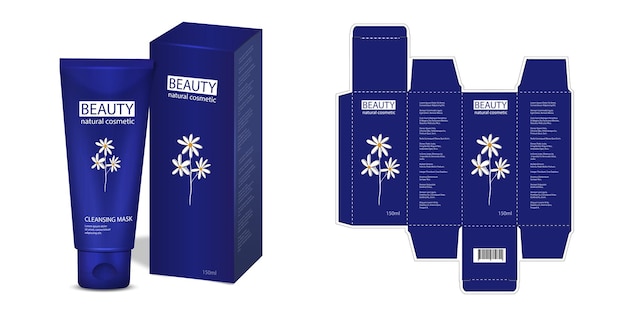 Vector design of the cosmetic packaging template cut cosmetic cream mask with herbs in a closed box realistic 3d model