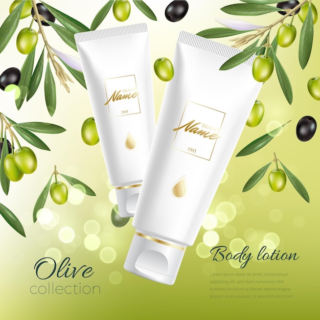 Design cosmetics product advertising for catalog, magazine. Mock up of cosmetic package. Moisturizing cream, gel, milk body lotion with olive oil.