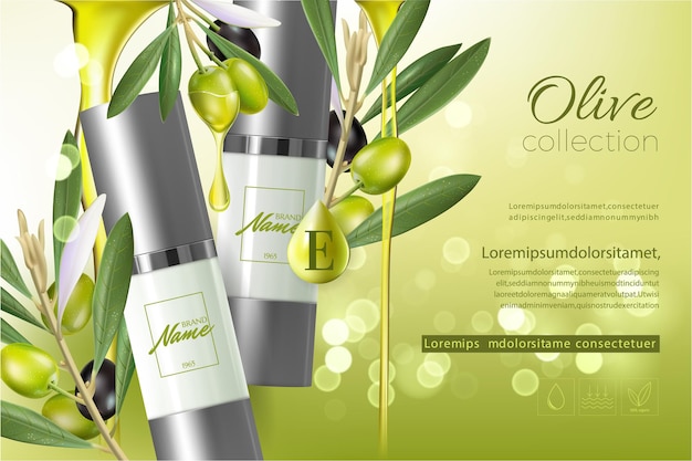 Design cosmetics product advertising for catalog, magazine. mock up of cosmetic package. moisturizing cream, gel, milk body lotion with olive oil.