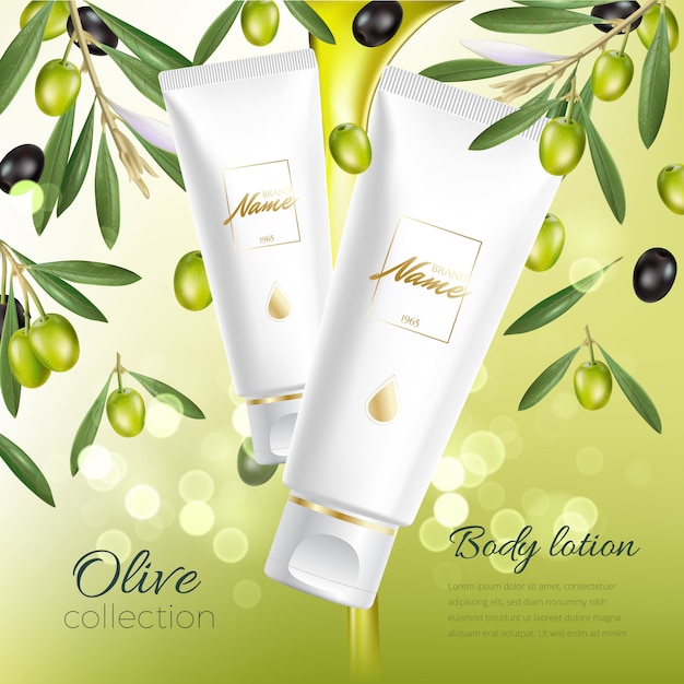 Design cosmetics product advertising. moisturizing cream, gel, milk body lotion with olive oil.