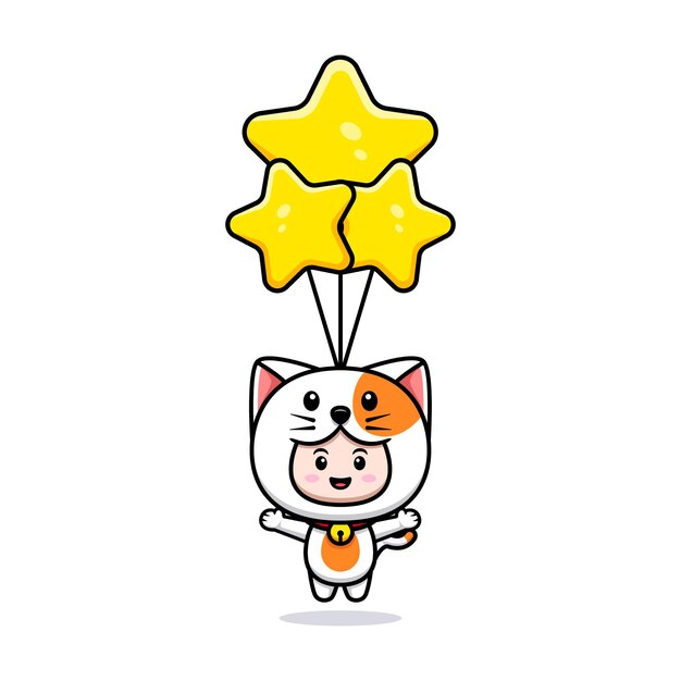 Disegno di un ragazzo carino che indossa un costume da gatto che galleggia con l'illustrazione dell'icona del palloncino stella