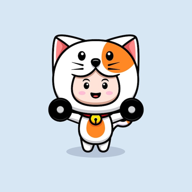 Design of cute boy wearing cat costume workout icon illustration