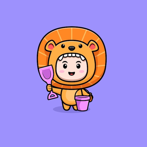 Design of cute boy wearing lion costume ready to playing sand icon illustration