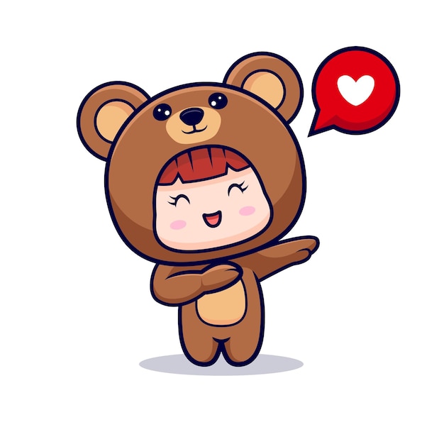 Design of cute girl wearing bear costume dabbing with love