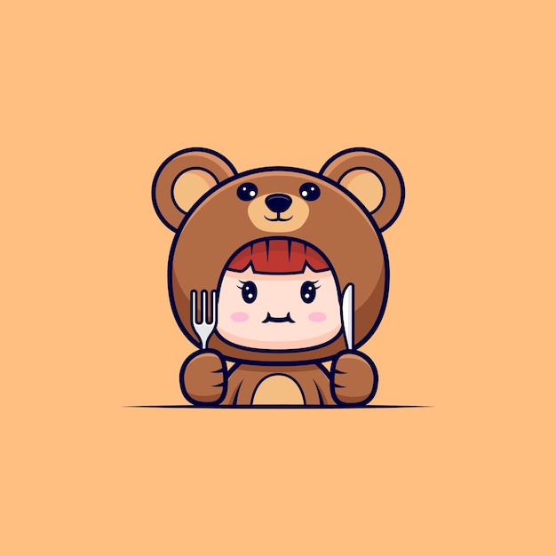 Design of cute girl wearing bear costume hungry