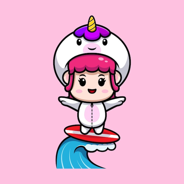 Design of cute girl wearing unicorn costume surfing icon illustration