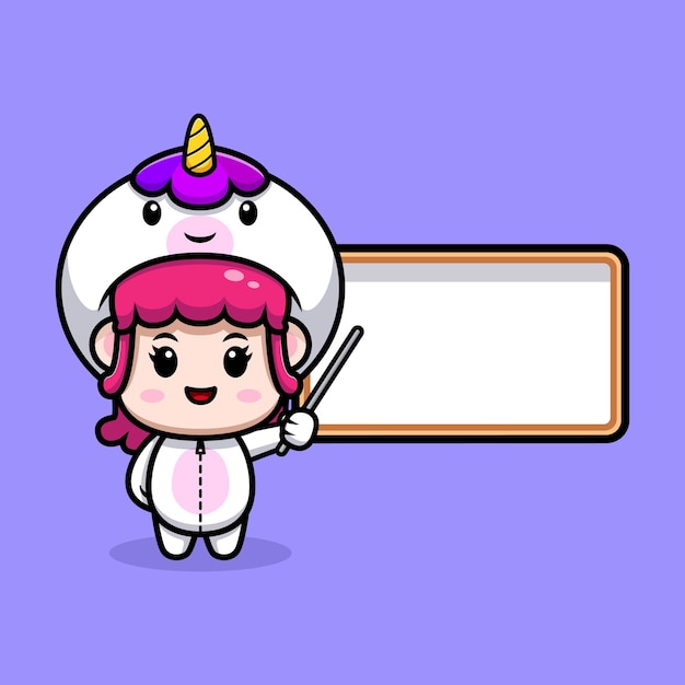 Design of cute girl wearing unicorn costume with blank board icon illustration