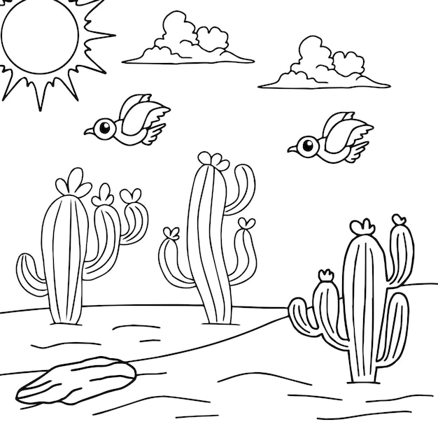 design desert landscape outline coloring page for kid