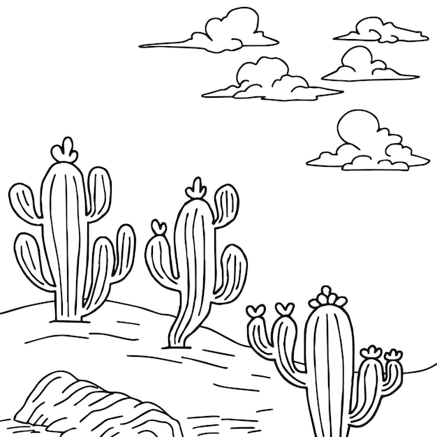 Vector design desert landscape outline coloring page for kid