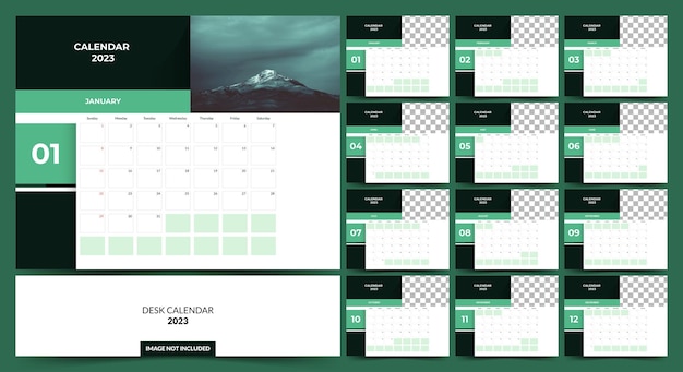 Design del modello di calendario da tavolo 2023 con tema di colore verde