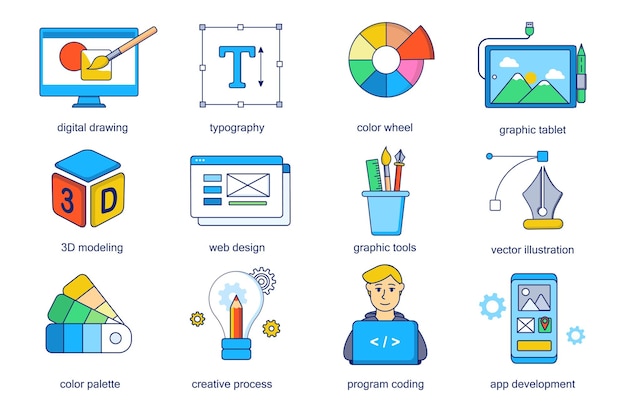 Design and development concept line icons set Pack outline pictograms of digital drawing typography