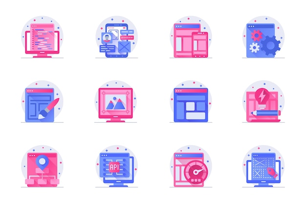 Design and development concept web flat color icons with shadow set pack pictograms of page