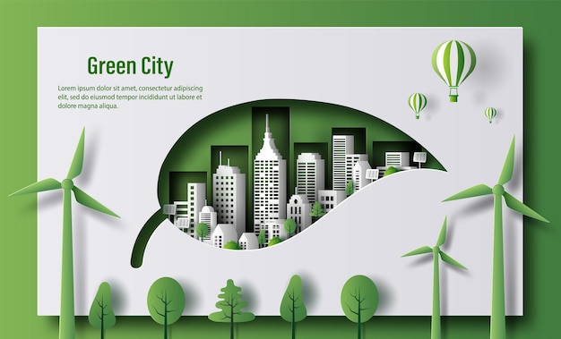 Vector design for an eco friendly banner in the shape of a leaf with a green city