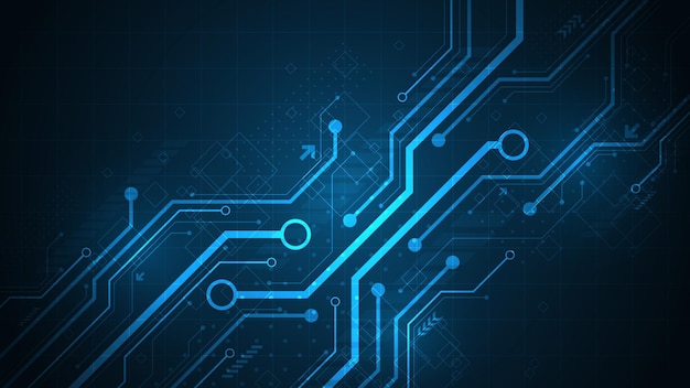 Vector design in electronic circuit concept, diagonal style on dark blue background.