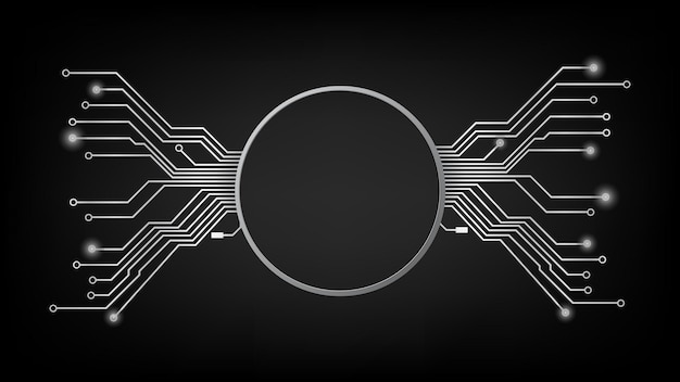 Vector design element in techno style with copy space silver circle with pcb tracks on dark background. template for website or banner.