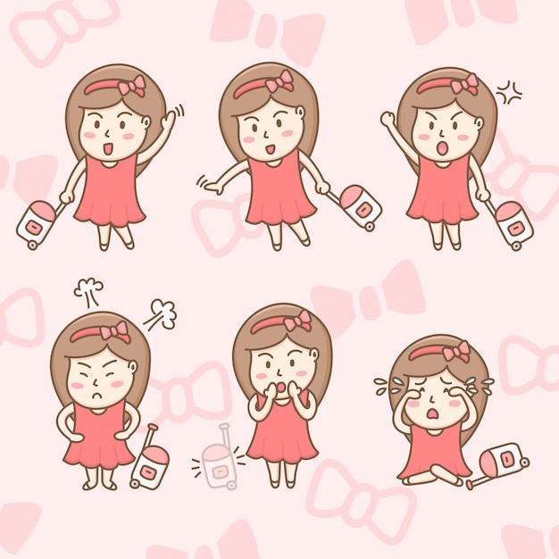 Design element vector of cute tourist girl cartoon character in various cute actions