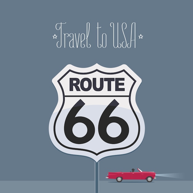 Vector design element with a car and a famous american highway road 66 for travel to america concept