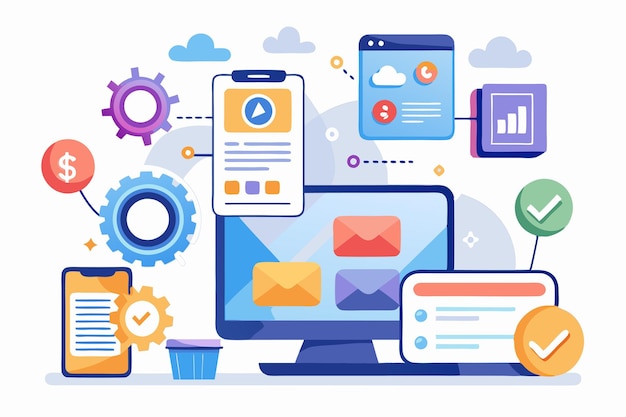 design elements showcasing a notifications application in a digital workspace setup graphics for notifications application development