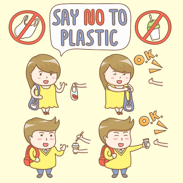 Vector design elements vector of cute cartoon characters refuse to use the plastic container.