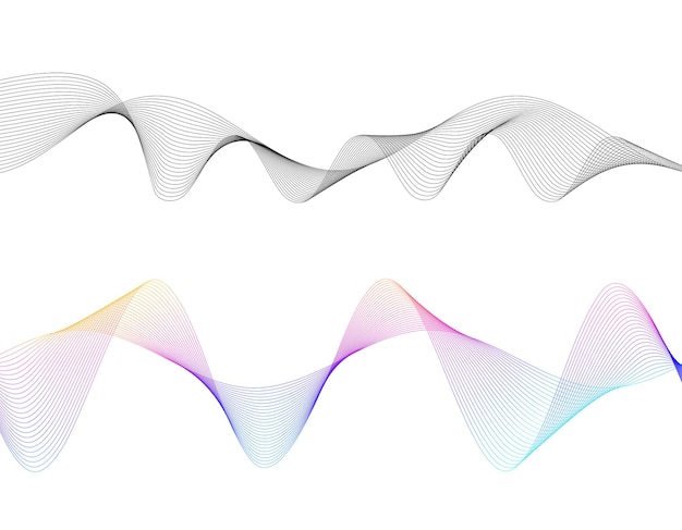 デザイン要素 多くの灰色の線の波 分離した白い背景の上の抽象的な波状のストライプ 創造的なライン アート ベクトル イラスト EPS 10 ブレンド ツールを使用して作成されたラインとカラフルな光沢のある波