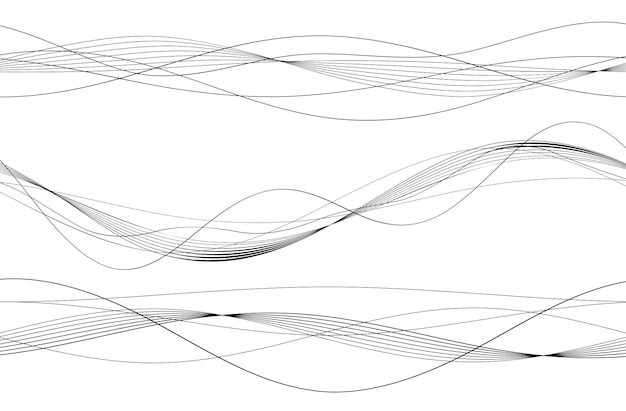 デザイン要素 多くの灰色の線の波 分離した白い背景の上の抽象的な波状のストライプ 創造的なライン アート ベクトル イラスト EPS 10 ブレンド ツールを使用して作成されたラインとカラフルな光沢のある波