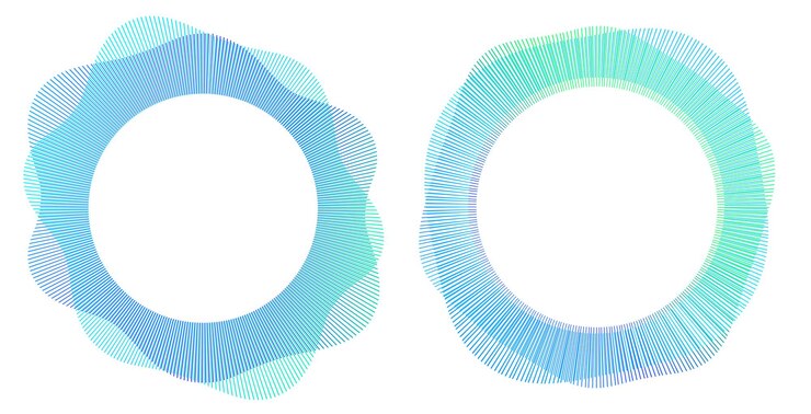 Vector 디자인 요소 많은 보라색 선과 광선의 파동 원 반지 추상 수직 파동