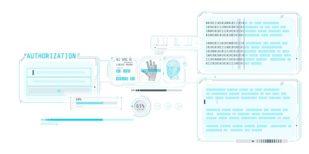 認証ウィンドウを使用してデータをデコードするための未来的なソフトウェア インターフェイスのデザイン ベクトル図