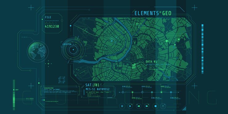 Vector design of a futuristic software interface for tracking geo-position.