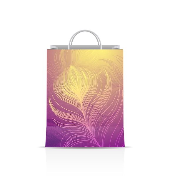 Vector design of gift bag with print of colorful peacock feathers