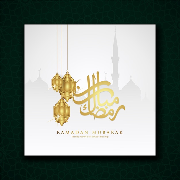 Design greeting card ramadan moment with arabic calligraphy, luxurious crescent moon, traditional lantern and mosque pattern texture islamic background. vector illustration.