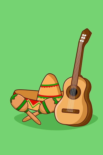 Design Guitar Maracas Sombrero Cartoon Illustration