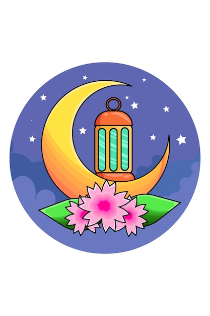 Vector design half moon and sakura flowers illustration