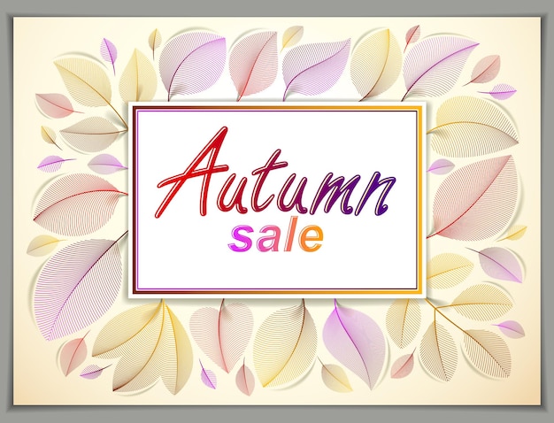 Design horizontal banner with Autumn typing logo, fall red and yellow leaves frame composition background. Card for autumn season, promotion offer. Stylish classy botanical drawing, environment.