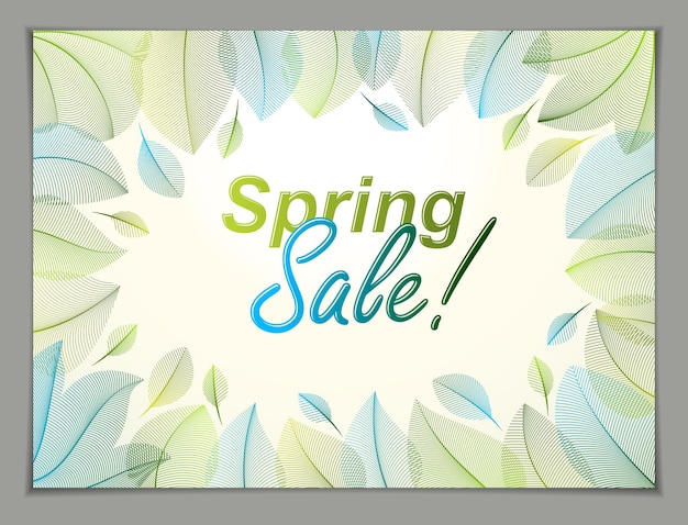 Design horizontal banner with Spring typing logo, green and fresh leaves frame composition background. Seasonal card, promotion offer. Stylish classy botanical drawing, environment.