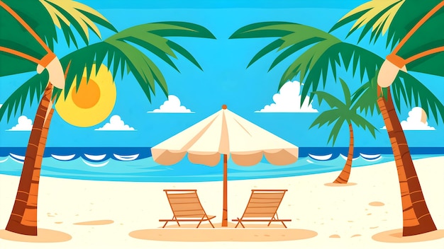 Vector design illustration of a beach with palm trees at sunset