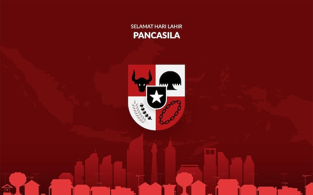 Design and illustration of pancasila day celebration with jakarta silhouette and Pancasila symbol