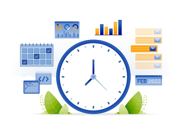 Illustrazione del design per la gestione del tempo nella gestione di progetti e lavori multitasking agenda appartata lavoro organizzato statistiche sui rapporti di lavoro possono essere utilizzate per poster di siti web brochure di applicazioni