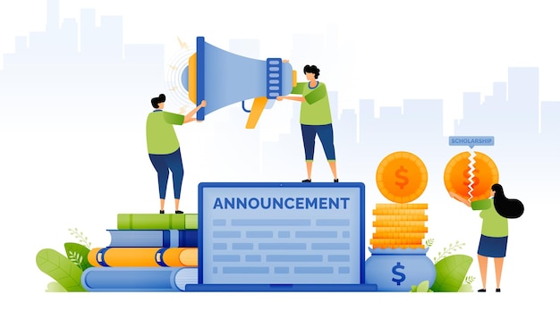 Design illustration of tuition reduction announcement with merit educational scholarship program students holding megaphones and broken coins can be used for web website posters apps brochures