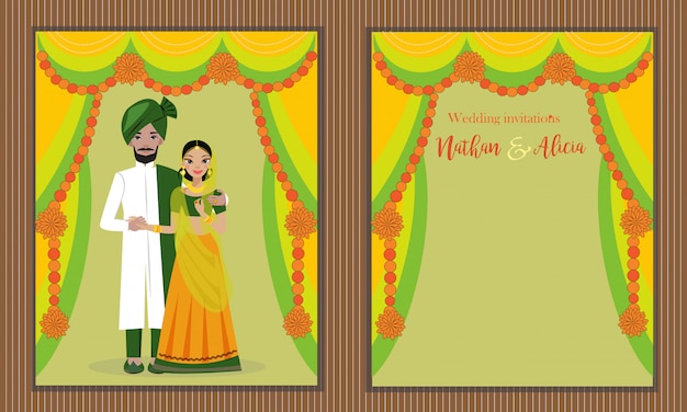 Design of indian wedding couple in traditional dress on wedding invitations card.