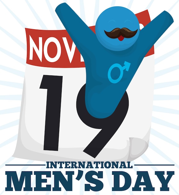 남성적인 상징과 콧수염을 가진 행복한 남성 캐릭터로 국제 남성의 날을 위한 디자인