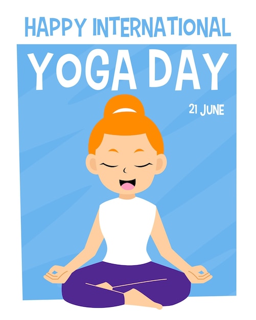 Design for international yoga day with cute cartoon orange hair girl meditating illustration