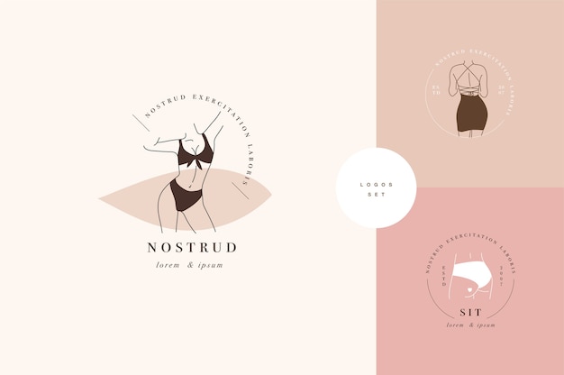 design linear template logos or emblems -  faceless lady. Female logos for lingerie or clothes.