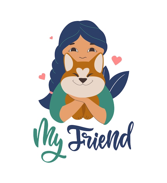 The design logo of girl and funny dog for world pet day akita with quote my friend for cards